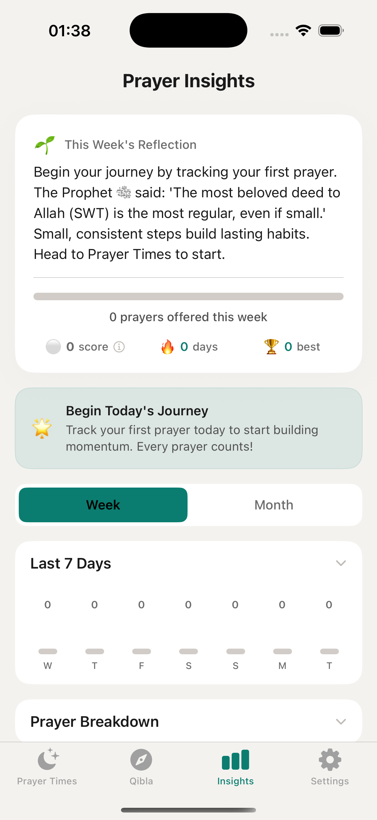 Prayer Insights screen with weekly reflection and stats