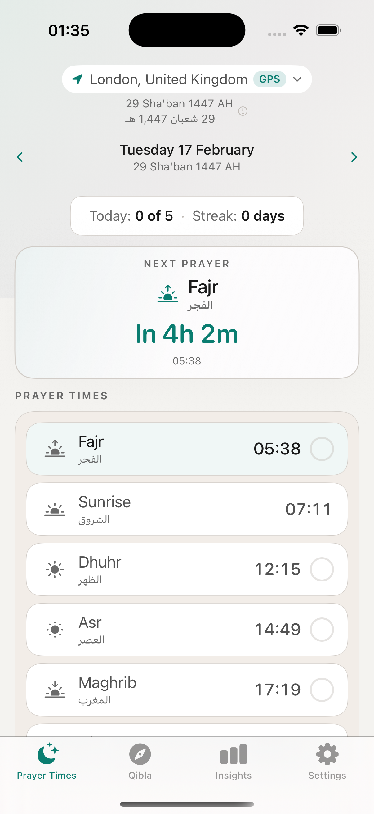 Prayer times screen showing daily prayer schedule