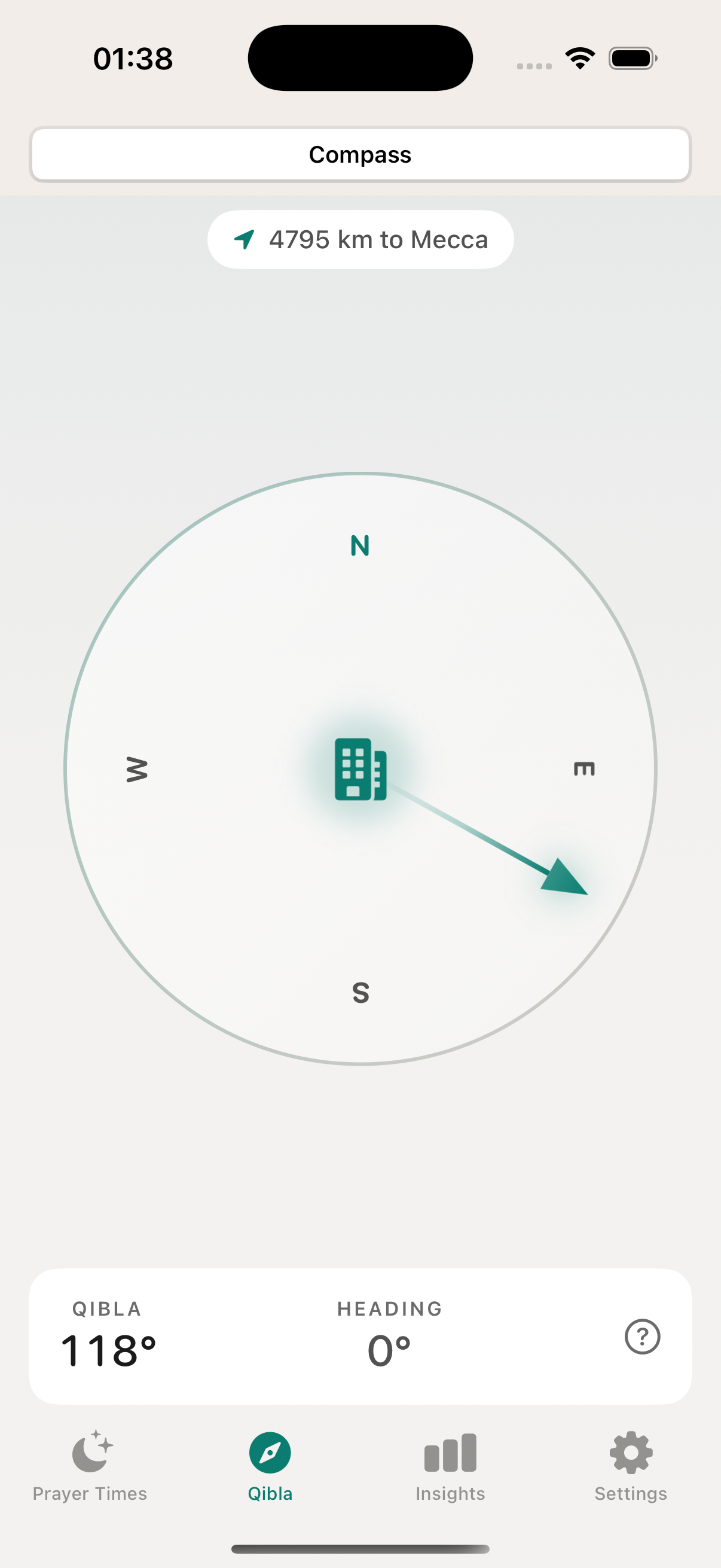 Qibla compass showing direction to Mecca